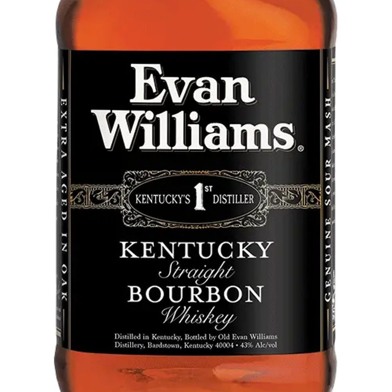 A close-up of a bottle of Evan Williams Black Label whiskey.