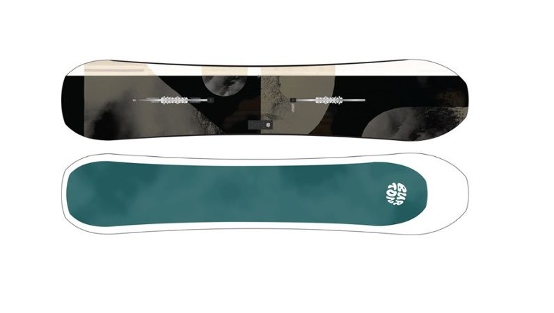 Aqua and brown Burton Cartographer snowboard.