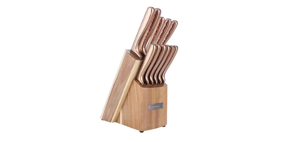 Cambridge Silversmiths Rame Hammered Copper 12-Piece Cutlery Set with Block on a white background.