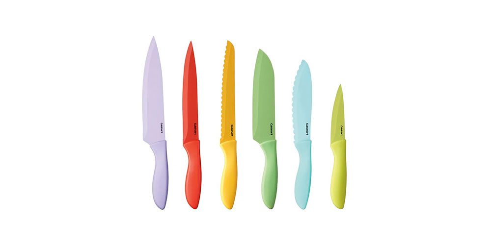 Some of the Cuisinart 12 Piece Advantage Coated Knife Set lined up on a white background.