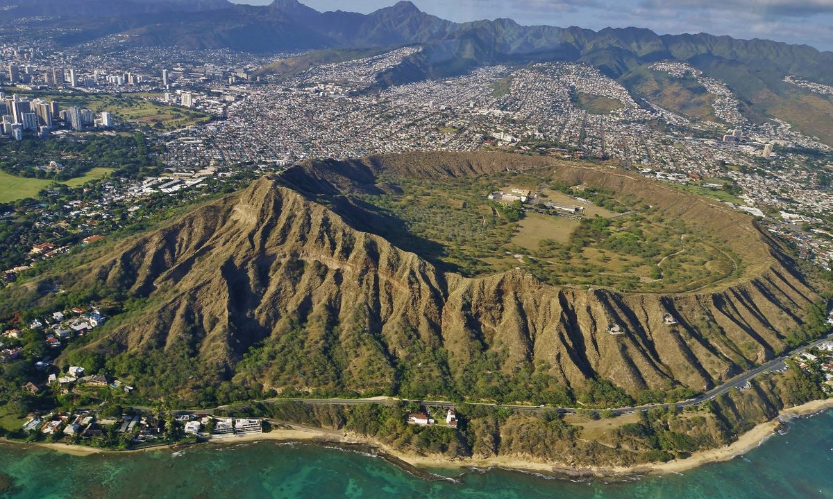 An aerial view of Diamond Head in Honolulu, Hawaii.