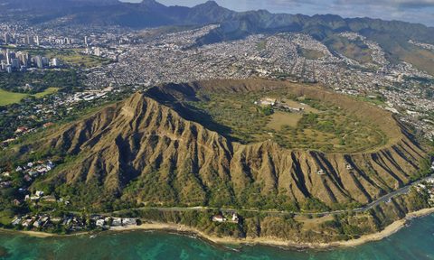 An aerial view of Diamond Head in Honolulu, Hawaii.