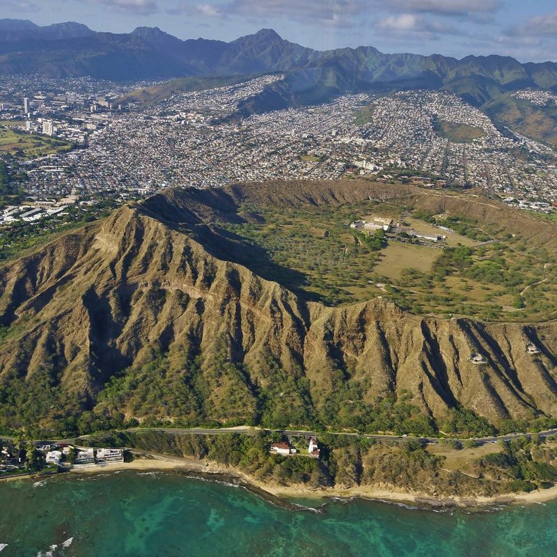An aerial view of Diamond Head in Honolulu, Hawaii.