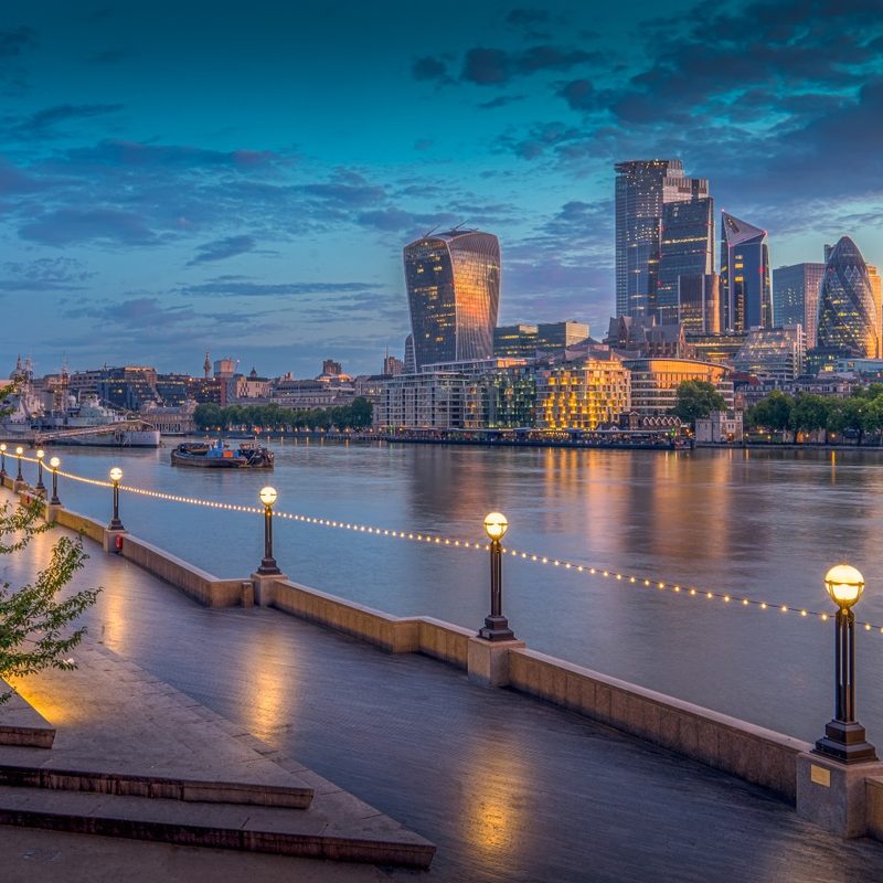 The skyline of the City of London at dawn in London, England, U.K.