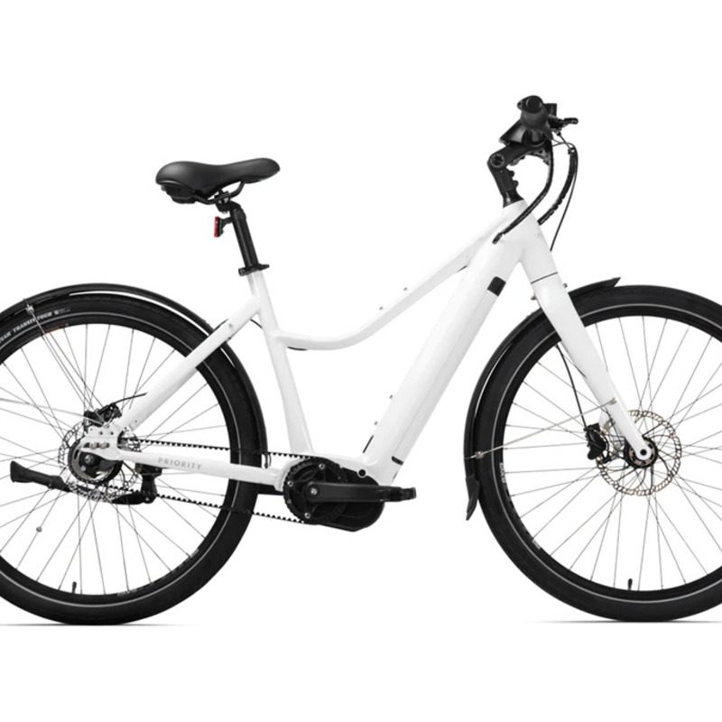 White Priority Current ebike against a white background.