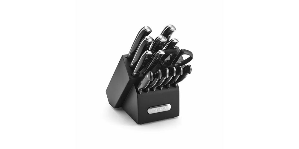 Farberware Forged 15 Piece Knife Set with Storage on a white background.