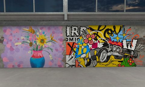 Gabe Gault's 'Gogh Experiment' (left) and Nina Palomba's 'Weird Comics' (right) murals from their Secret Walls battle on March 30.