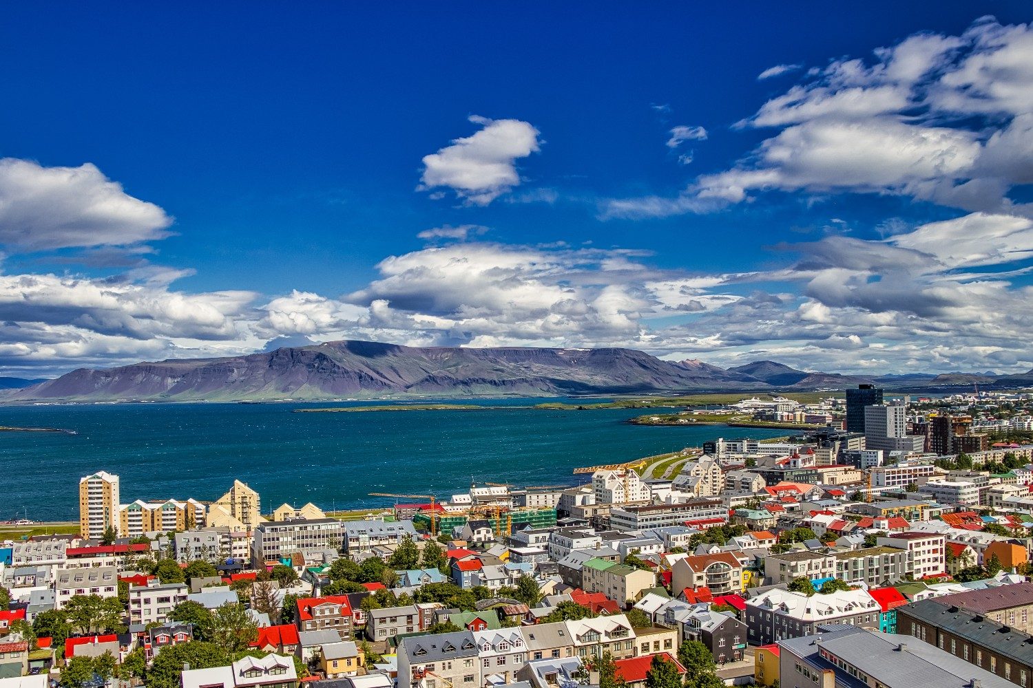 An aerial view of Reykjavik, Iceland, during the summer season.