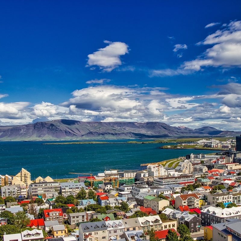 An aerial view of Reykjavik, Iceland, during the summer season.