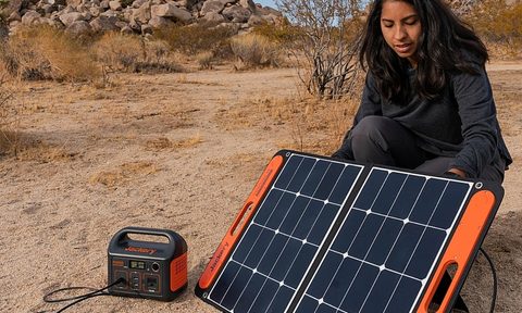 Woman setting up a Jackery solar panel.