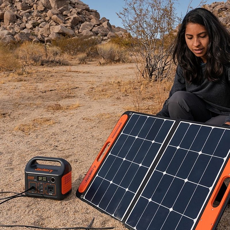 Woman setting up a Jackery solar panel.