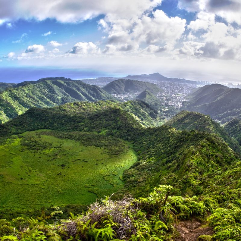 An aerial view of Ka'au Crater in Oahu, Hawaii.