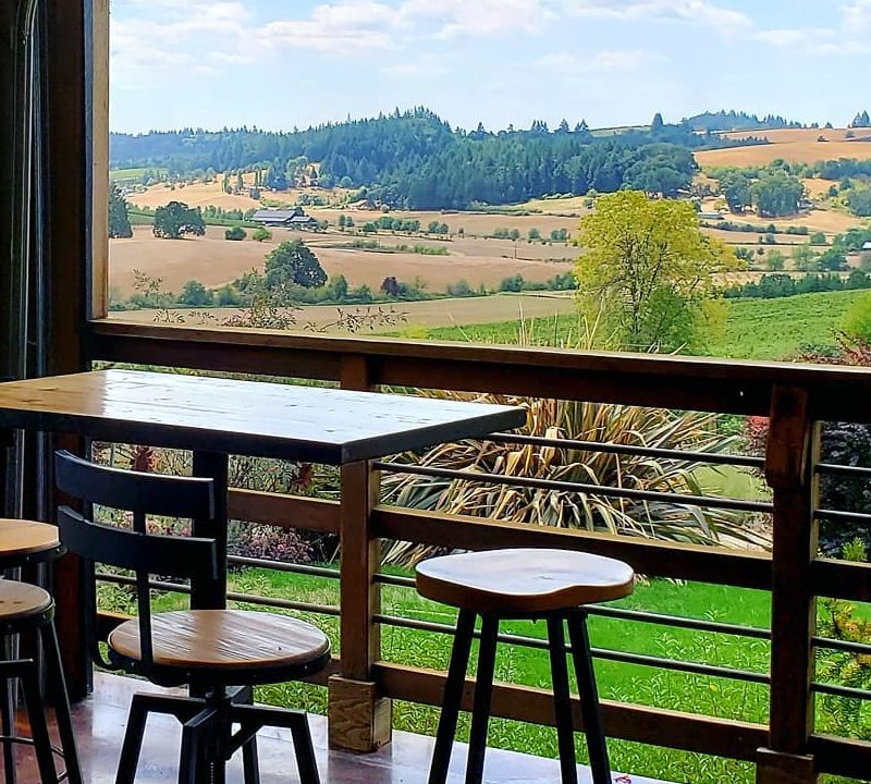 Lenne Estate tasting room with view of surrounding farmland.