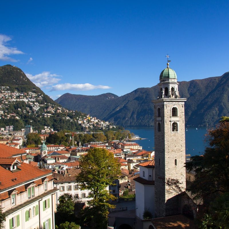A view of Monte Br&egrave; and the Church Of San Lorenzo in Lugano, Switzerland. 