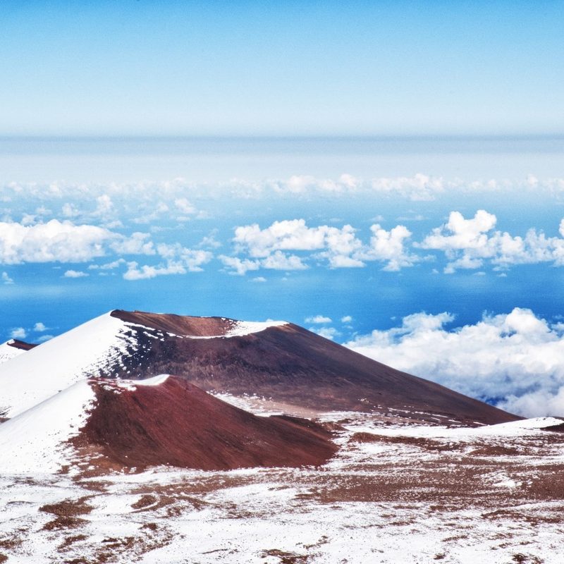 A view of snow on the Mauna Kea summit in Hawaii.
