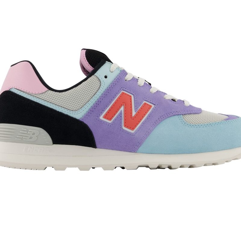New Balance 574 LDG Ma Divina with orange, purple, pink, black, and sky blue accents.
