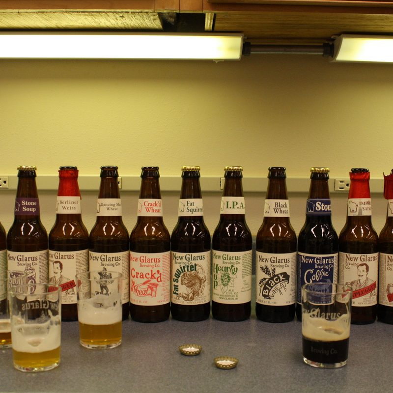 New Glarus Brewing selection of bottles on a countertop.