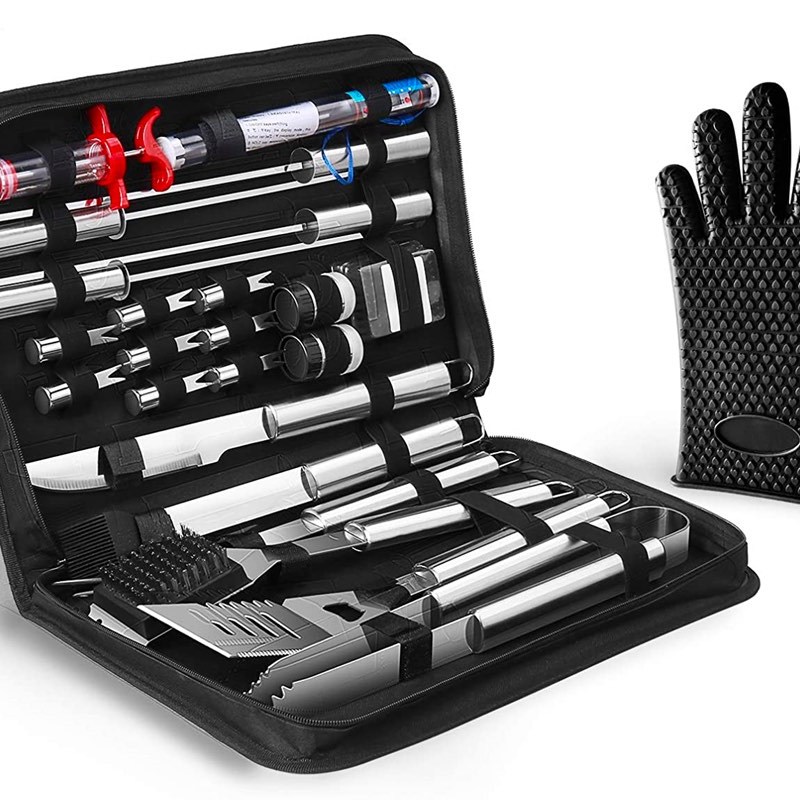 A case displays the 25-piece OlarHike grilling accessories set.