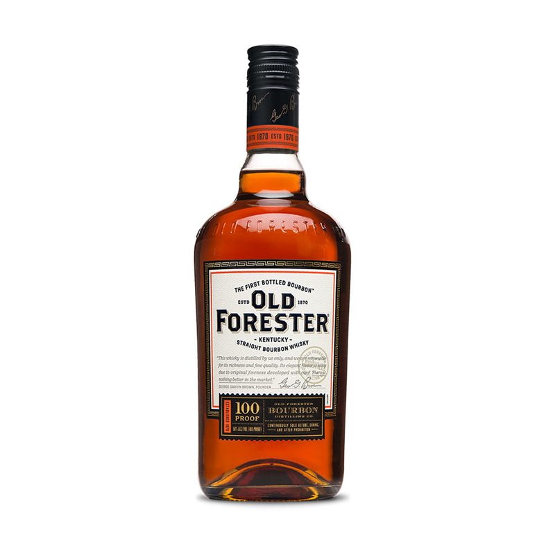 A bottle of Old Forester 100-Proof whiskey.