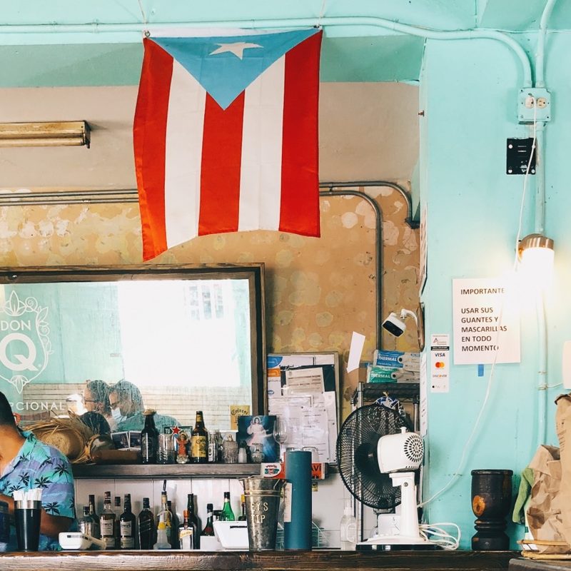 Bright Puerto Rican bar with flag