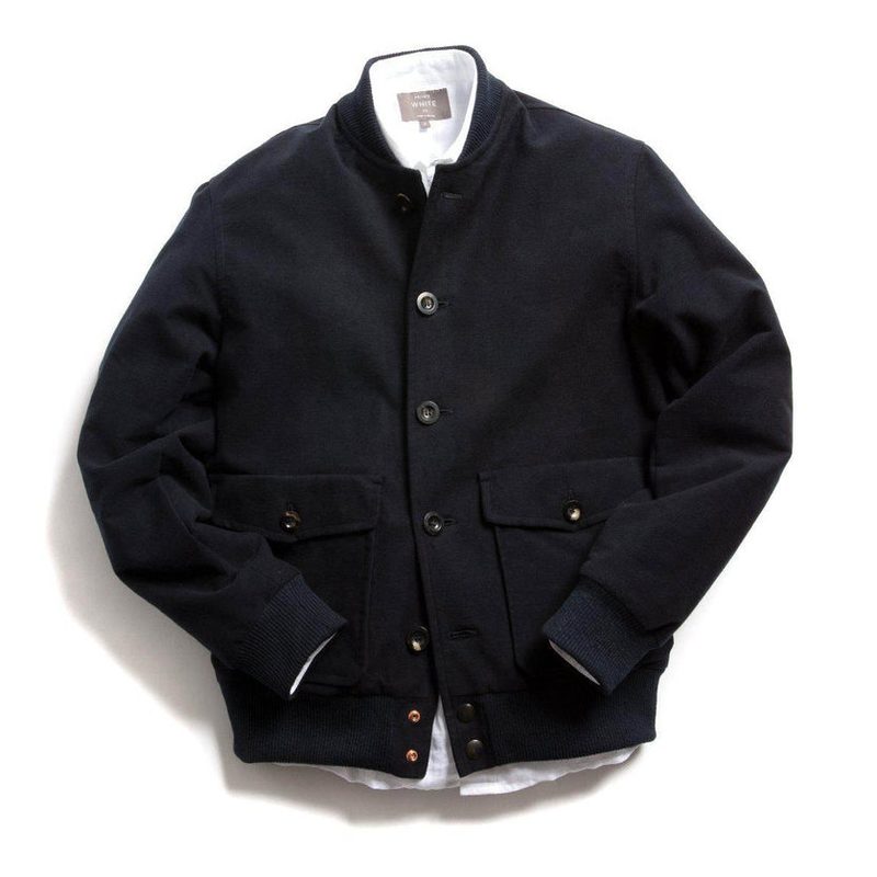 Private White Moleskin Bomber in Navy on white background. 