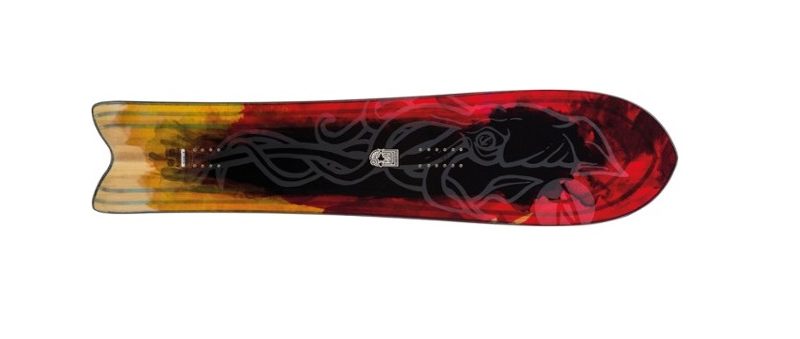 Red and yellow Rossignol XF Sushi snowboard.