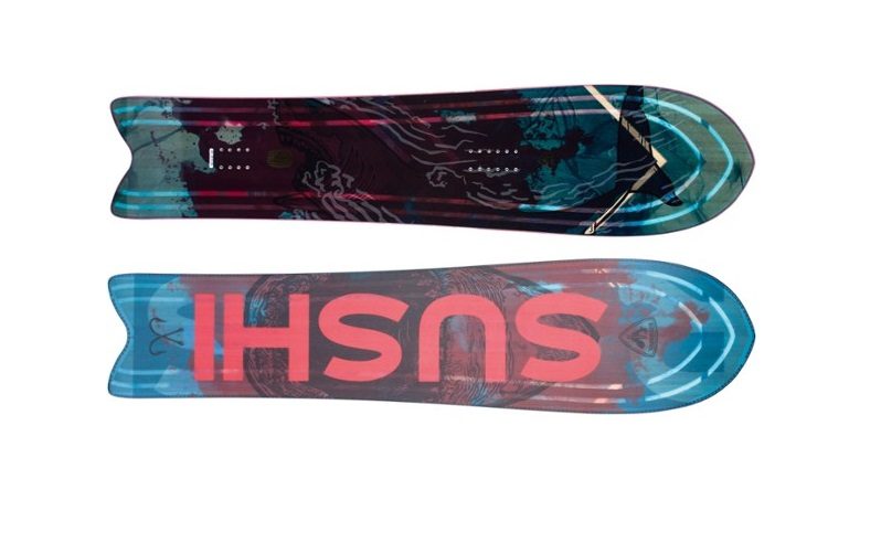 Blue and black Rossignol XV snowboard with the word Sushi in large red letters on the bottom,