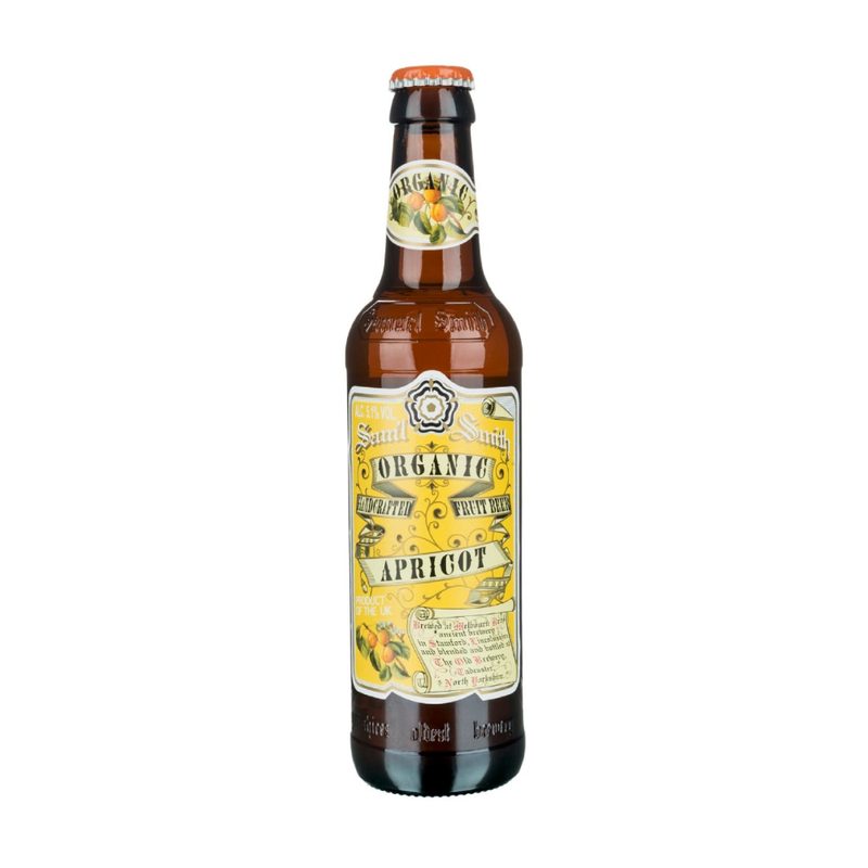 Samuel Smith Apricot Ale bottle on a white background.