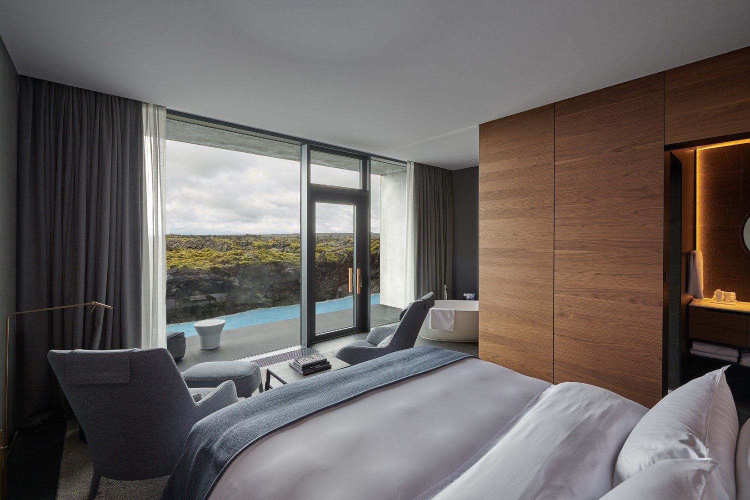 A hotel room at The Retreat at Blue Lagoon in Southwest Iceland.