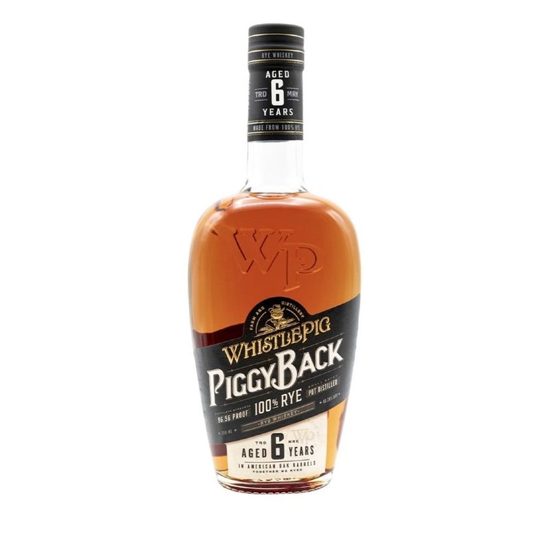 A bottle of WhistlePig Piggyback Rye whiskey.