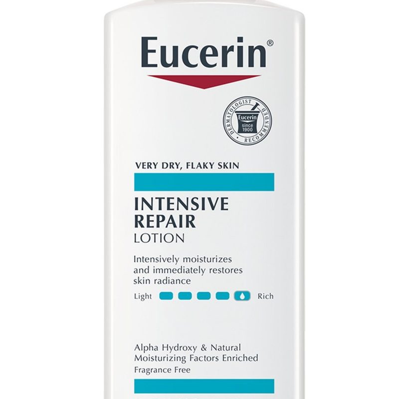 A close-up of a bottle of Eucerin Intensive Repair Body Lotion.
