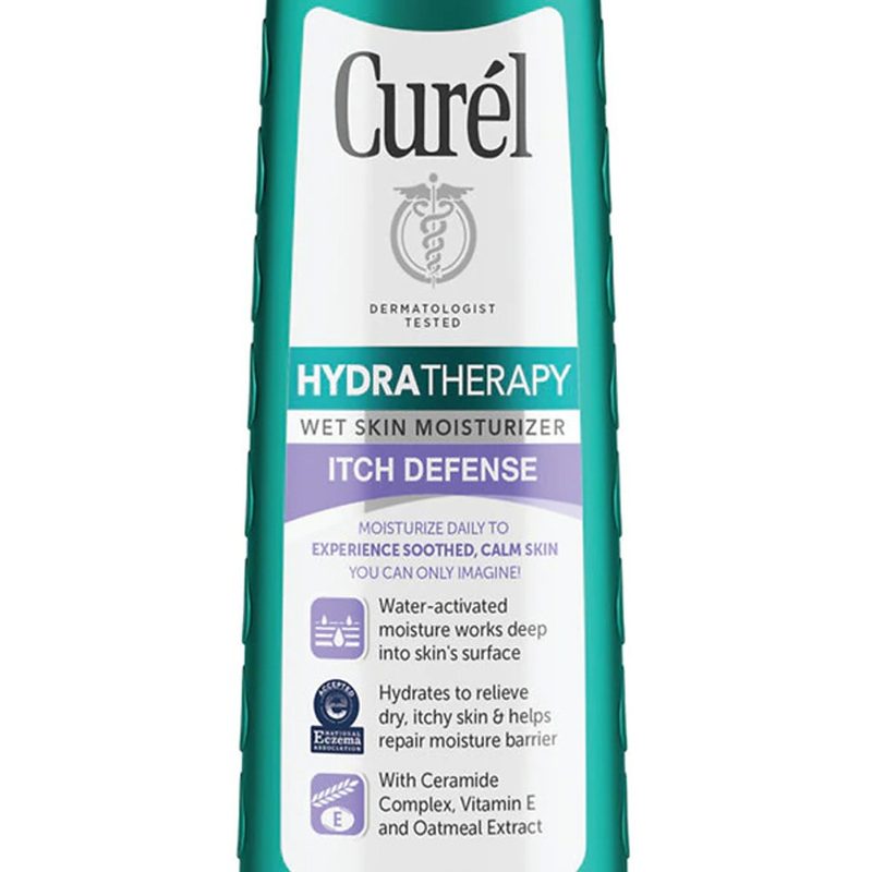 A close-up of a bottle of Curel Hydra Therapy Itch Defense Wet Skin Lotion.