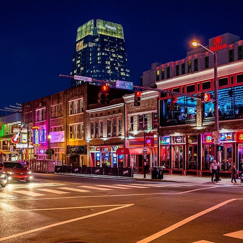 Broadway lit up at night in Nashville, Tennessee