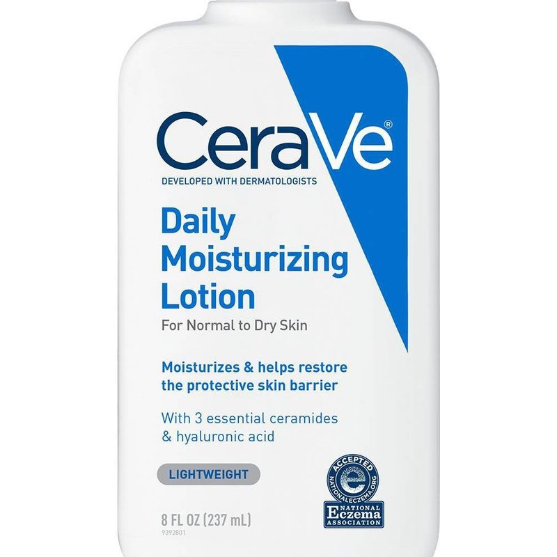 A close-up of a bottle of CeraVe Daily Moisturizing Lotion.