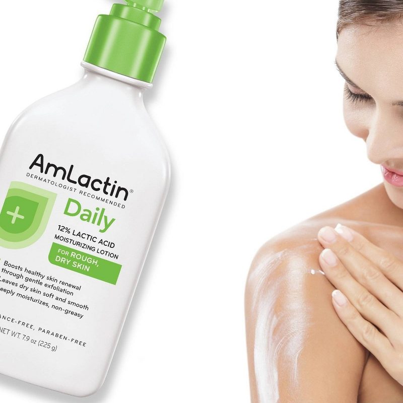 A woman uses AmLactin Daily Moisturizing Body Lotion on her skin.