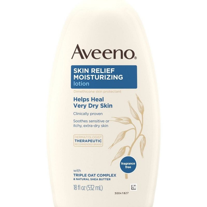 A close-up of a bottle of Aveeno Skin Relief Moisturizing Lotion.