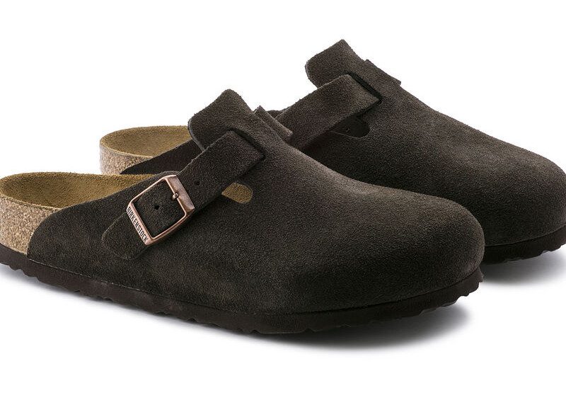 A pair of Birkenstock Bostons in Mocha. 