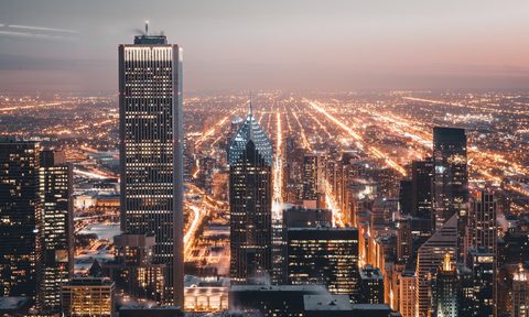 A generic cityscape lit up at night