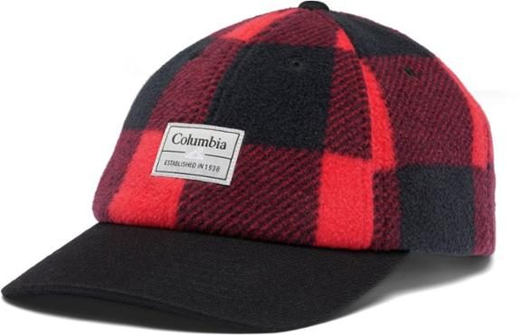 red and black columbia baseball cap on a white background.