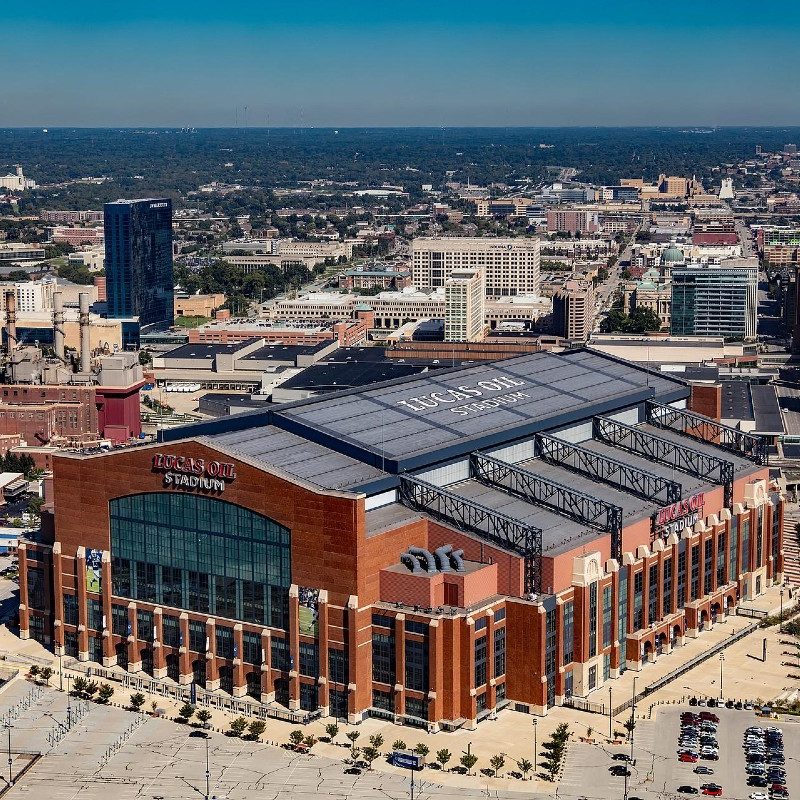 An aerial view of Indianapolis, Indiana with Lucas Oil Stadium prominently in front