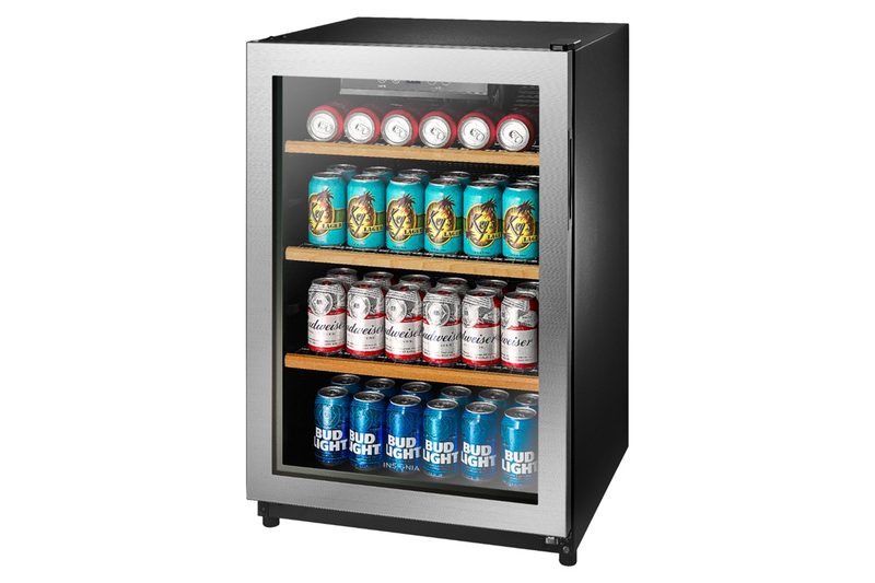 The Insignia beverage cooler holds 130 cans.
