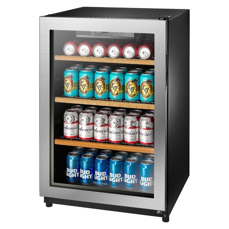 The Insignia beverage cooler holds 130 cans.