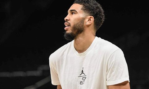 Jayson Tatum warming up for a basketball game.