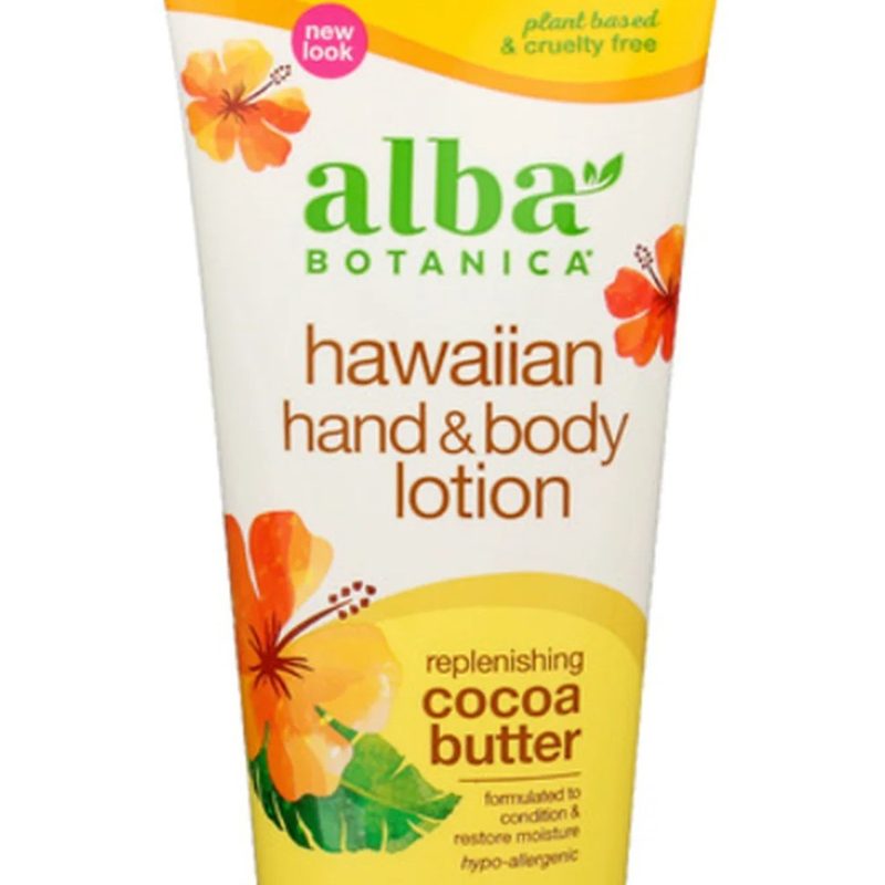 A bottle of Alba Botanica Cocoa Butter Hawaiian Hand & Body Lotion.