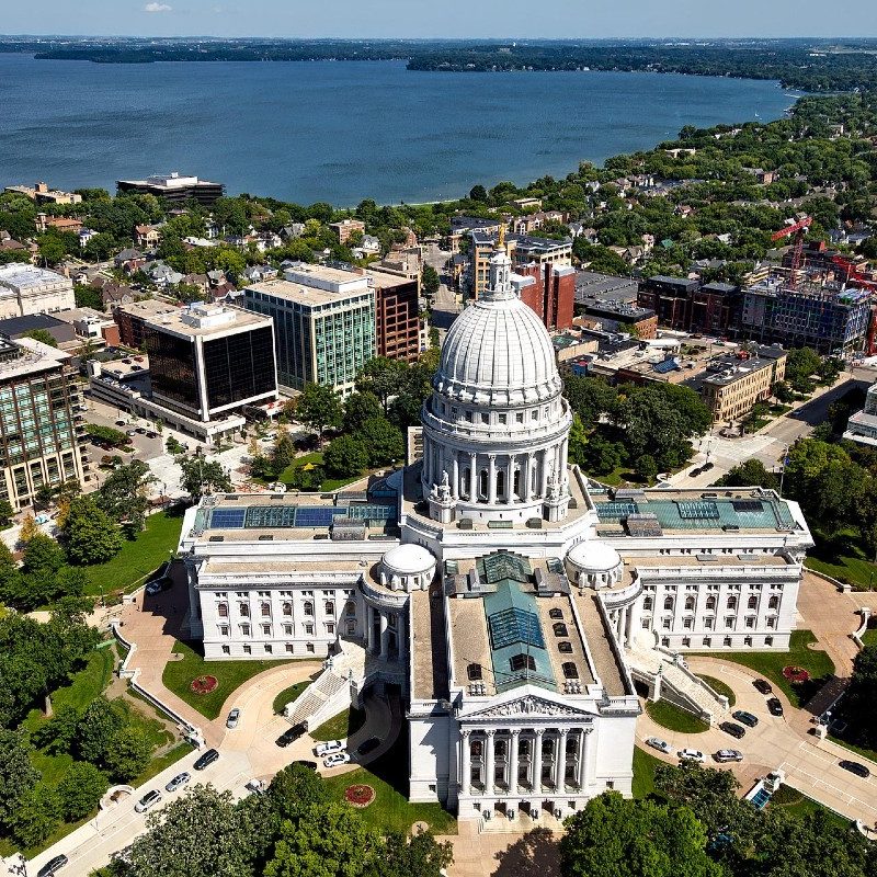 Madison, Wisconsin's capital and surrounding city and Lake Mendota as seen from a sky view