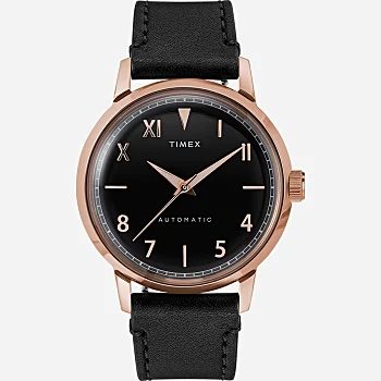 black leather timex watch on a light grey background