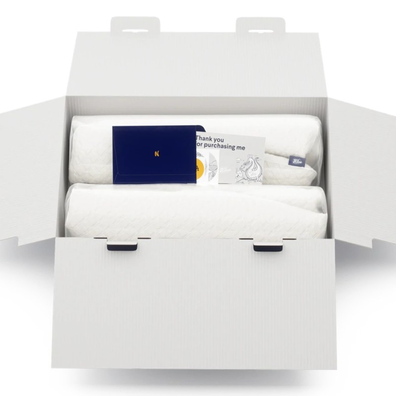 A box with two compressed Nolah Squishy Pillows inside.