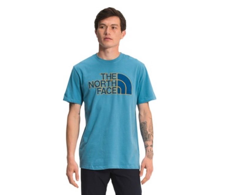 This is a model wearing a light blue north face tee.