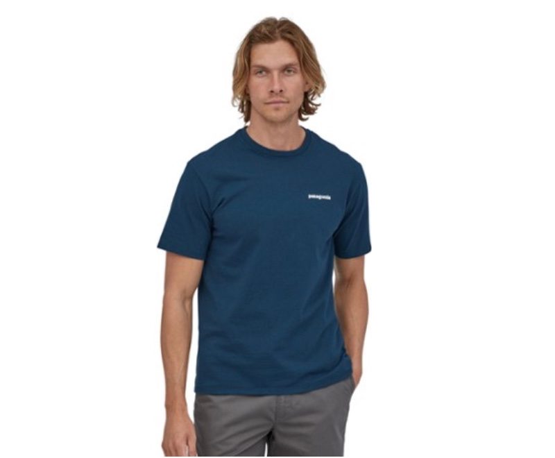 This is a model wearing a navy blue Patagonia tee.