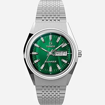 steel timex watch with a green face on a white background
